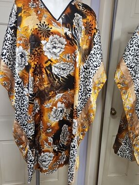 Winlar Satin Brown and Black Animal Print Cover Up Roomy Blouse